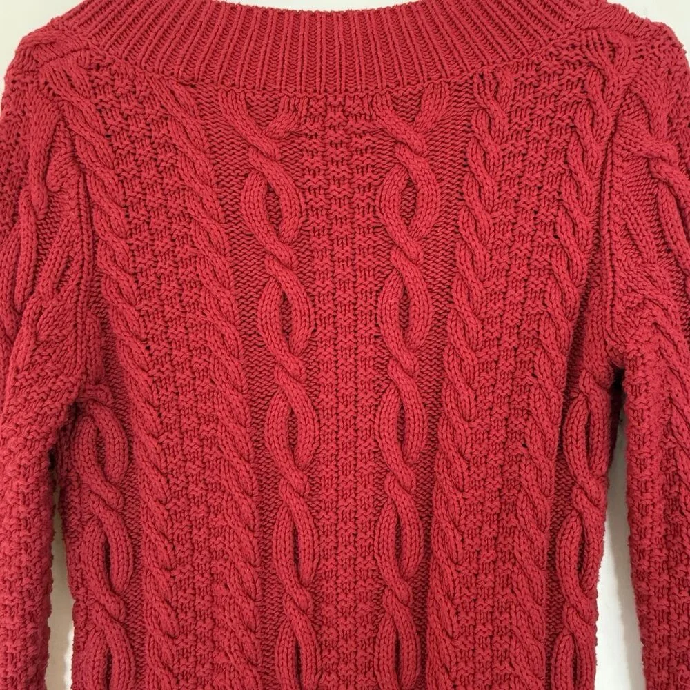 Vtg Moda Y2K Cable Knit Sweater Jumper M Red Cotton V-Neck Long Sleeve Fisherman